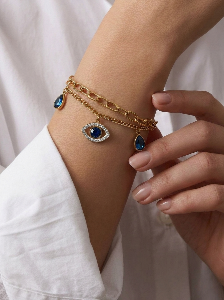 Layered Evil Eye Sapphire Charm Bracelet