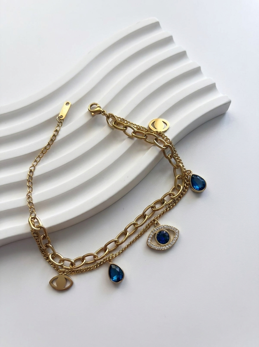 Layered Evil Eye Sapphire Charm Bracelet