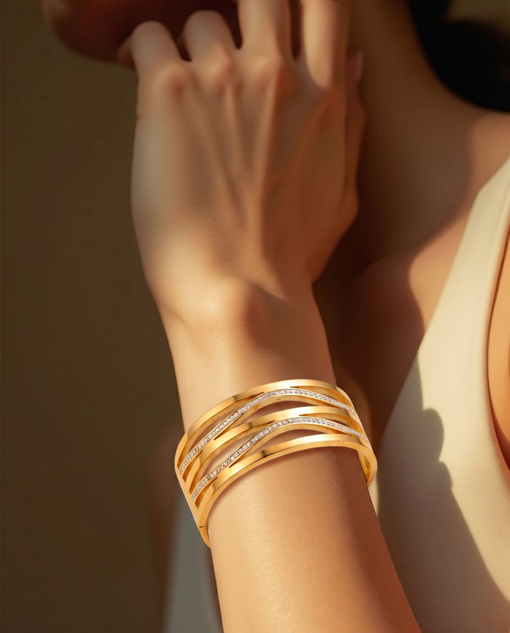 Multi Layer Diamond Wave Statement Cuff Bracelet