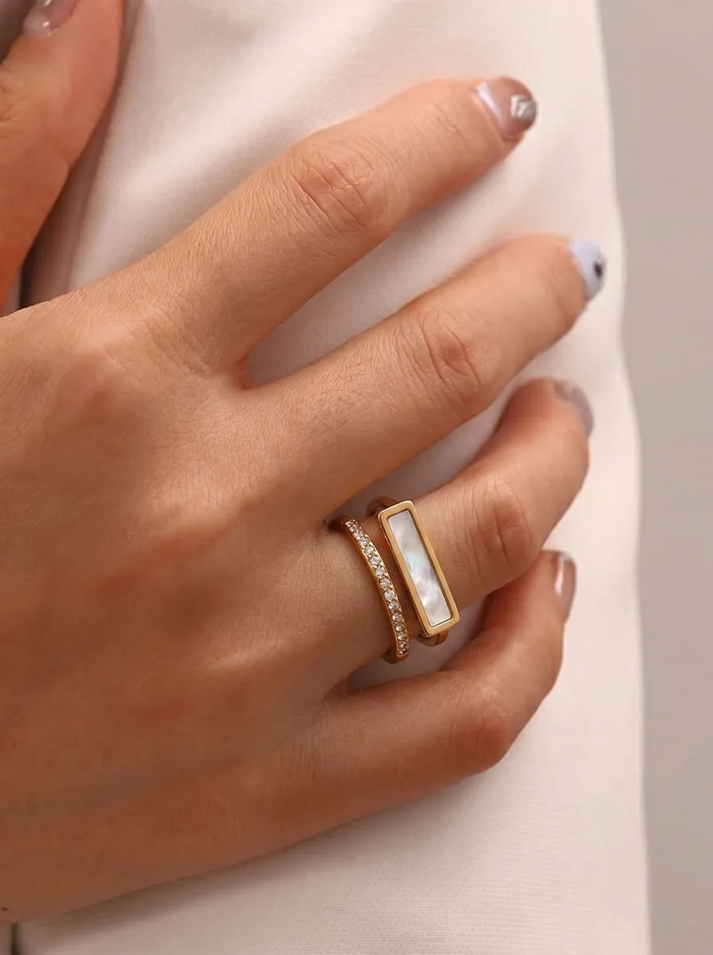 Dual Band Pearl Bar Diamond Ring