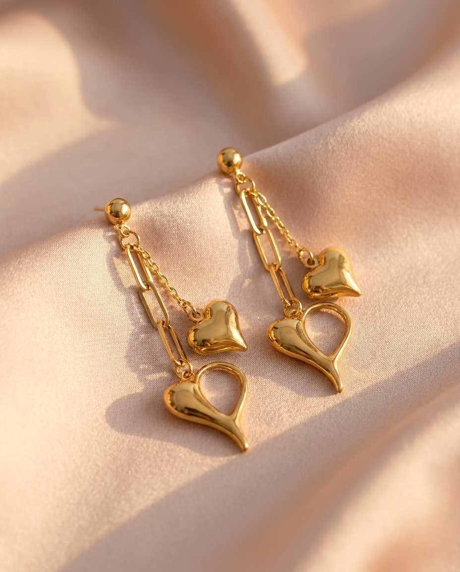 Dual Heart Chain Drop Earrings