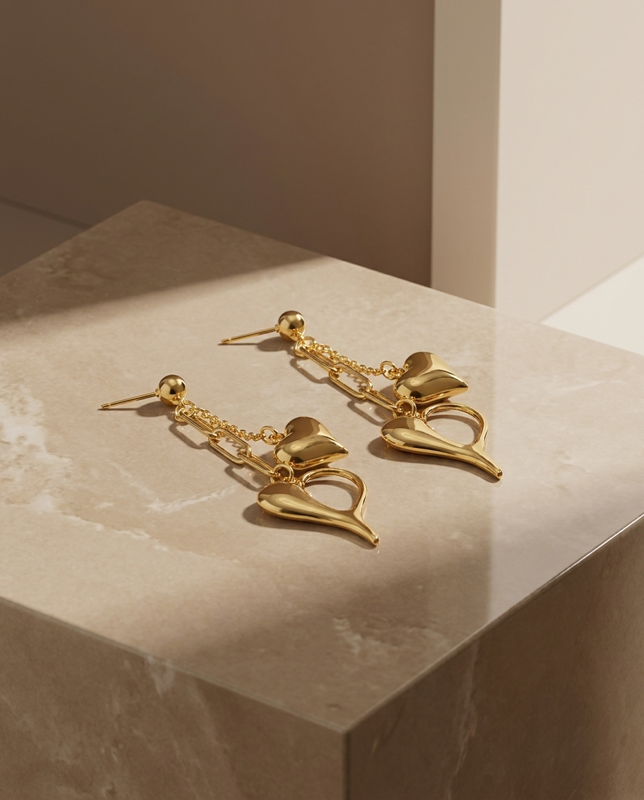 Dual Heart Chain Drop Earrings