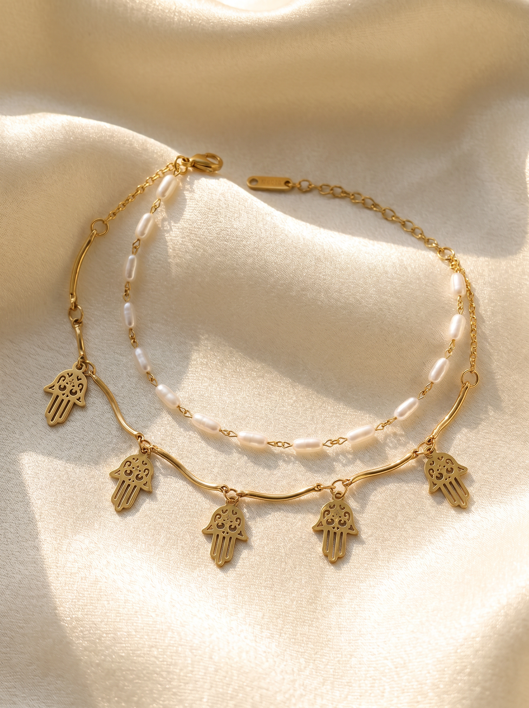 Hamsa Pearl Layered Anklet