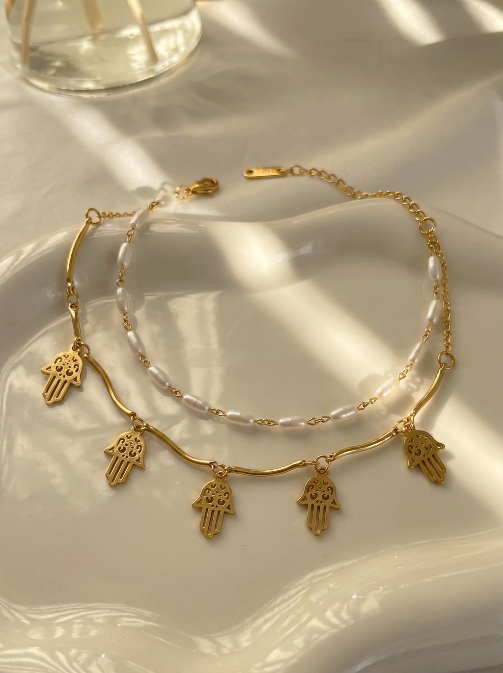 Hamsa Pearl Layered Anklet