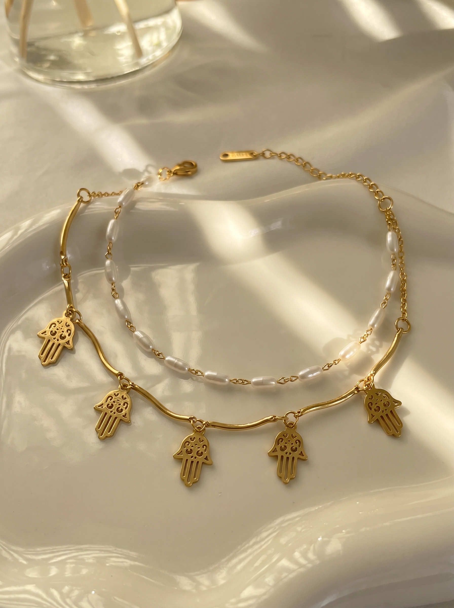 Hamsa Pearl Layered Anklet
