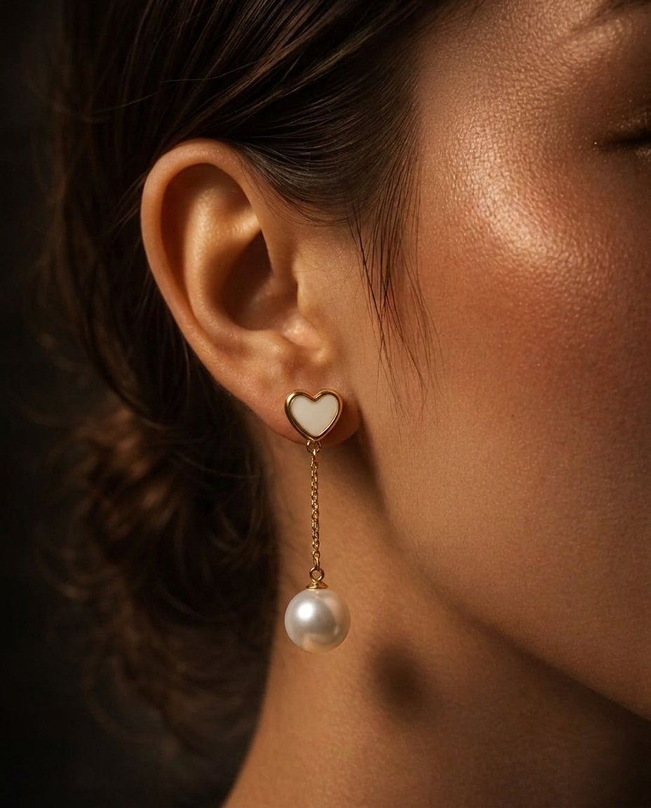 Heart Pearl Chain Drop Earrings