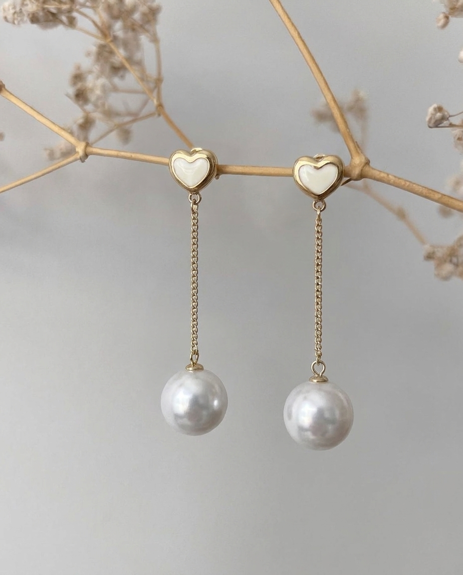 Heart Pearl Chain Drop Earrings